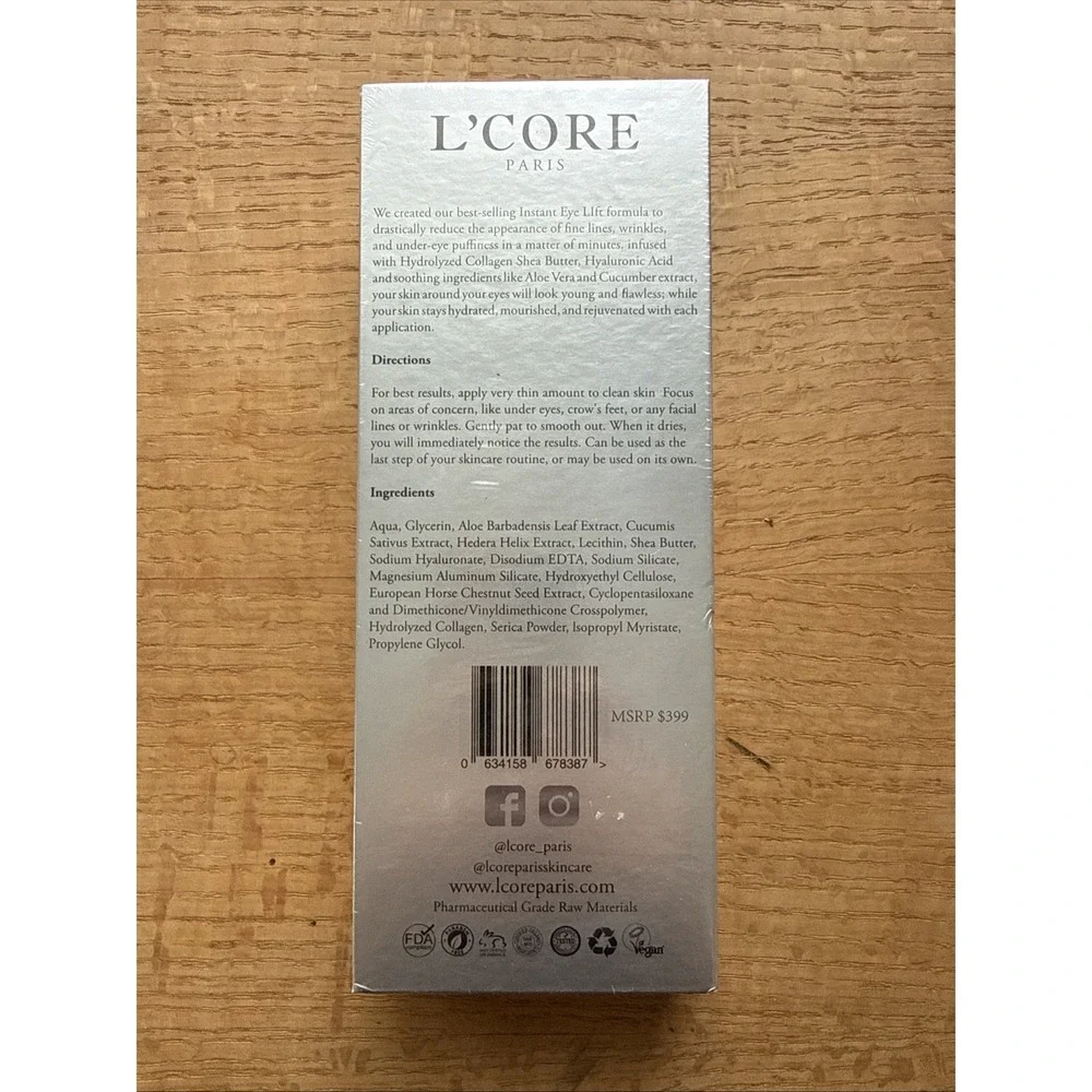 L'Core Paris Spa Collection Instant Eye Lift Eye Puffiness Reducer 0.7oz